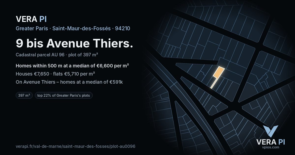 9 bis Avenue Thiers, Saint-Maur-des-Fossés at night – the plot lit, the parcels around coloured by the prices near them