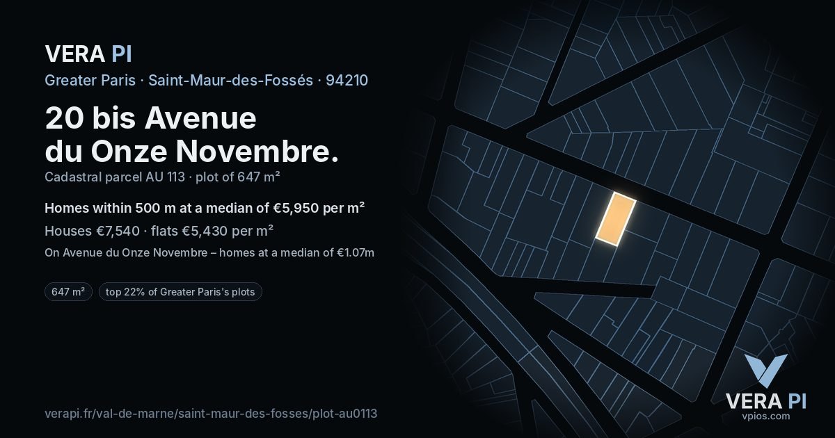 20 bis Avenue du Onze Novembre, Saint-Maur-des-Fossés at night – the plot lit, the parcels around coloured by the prices near them