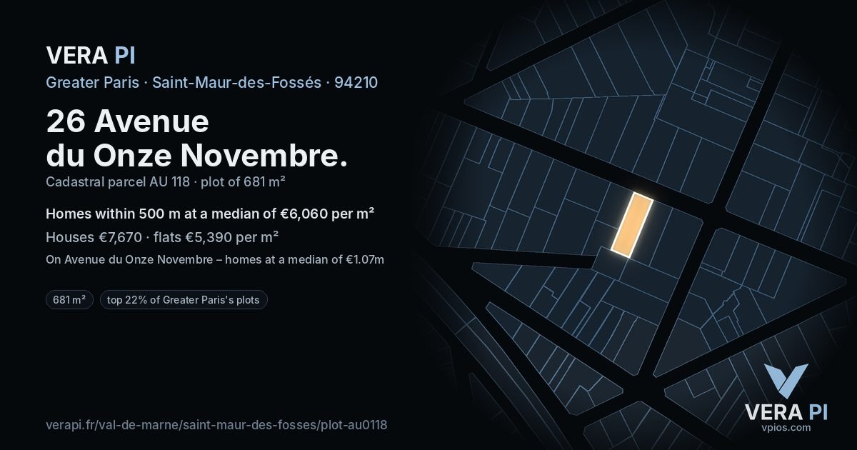 26 Avenue du Onze Novembre, Saint-Maur-des-Fossés at night – the plot lit, the parcels around coloured by the prices near them