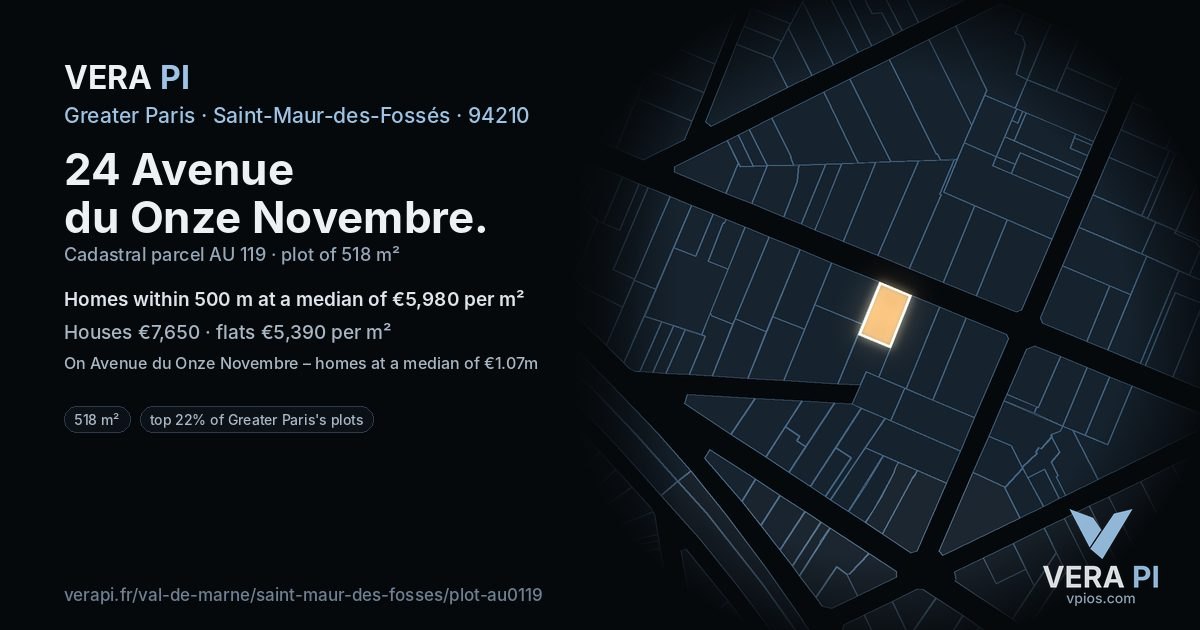 24 Avenue du Onze Novembre, Saint-Maur-des-Fossés at night – the plot lit, the parcels around coloured by the prices near them