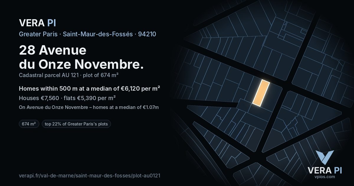 28 Avenue du Onze Novembre, Saint-Maur-des-Fossés at night – the plot lit, the parcels around coloured by the prices near them