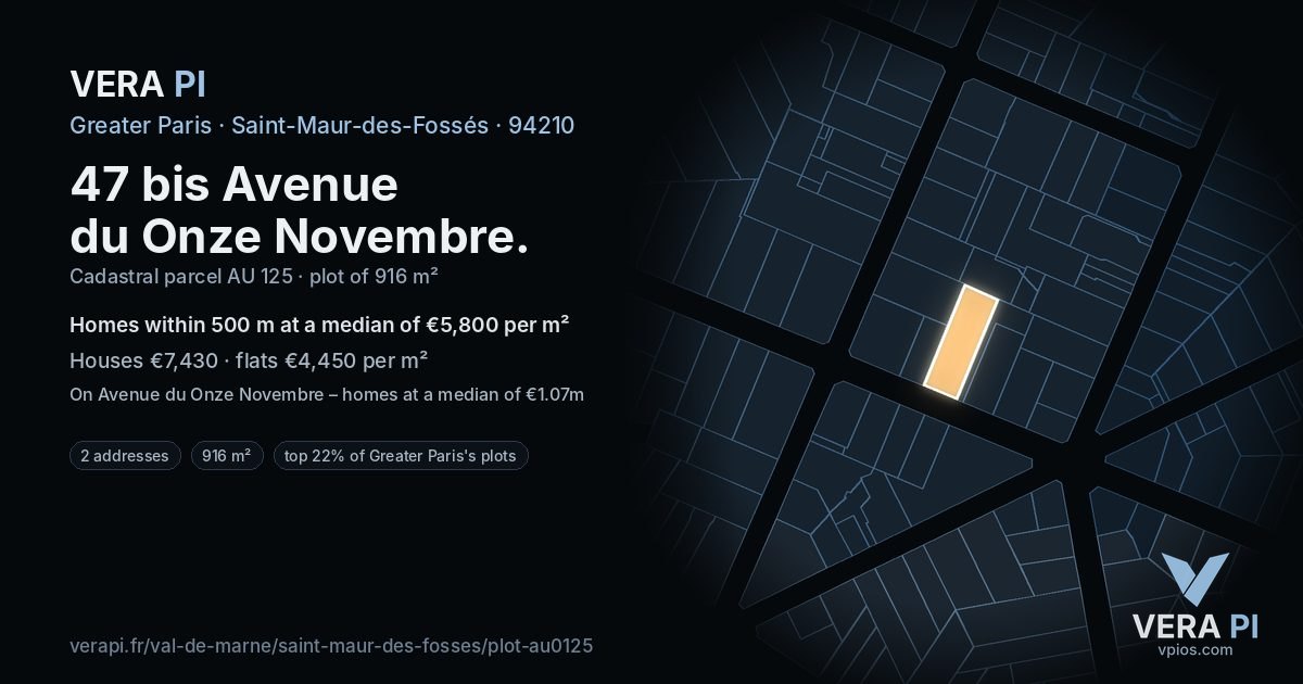 47 bis Avenue du Onze Novembre, Saint-Maur-des-Fossés at night – the plot lit, the parcels around coloured by the prices near them