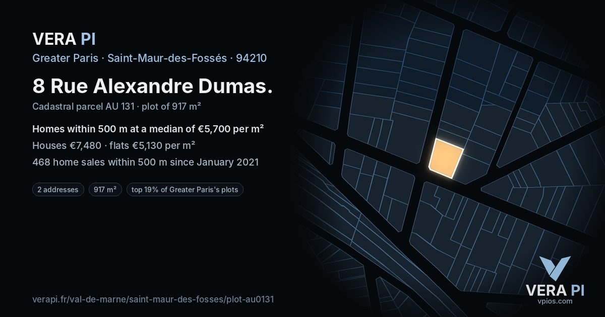 8 Rue Alexandre Dumas, Saint-Maur-des-Fossés at night – the plot lit, the parcels around coloured by the prices near them