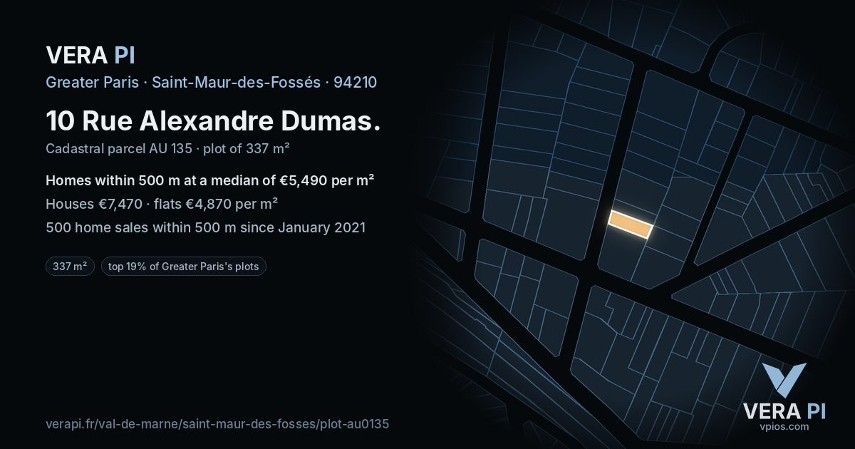 10 Rue Alexandre Dumas, Saint-Maur-des-Fossés at night – the plot lit, the parcels around coloured by the prices near them