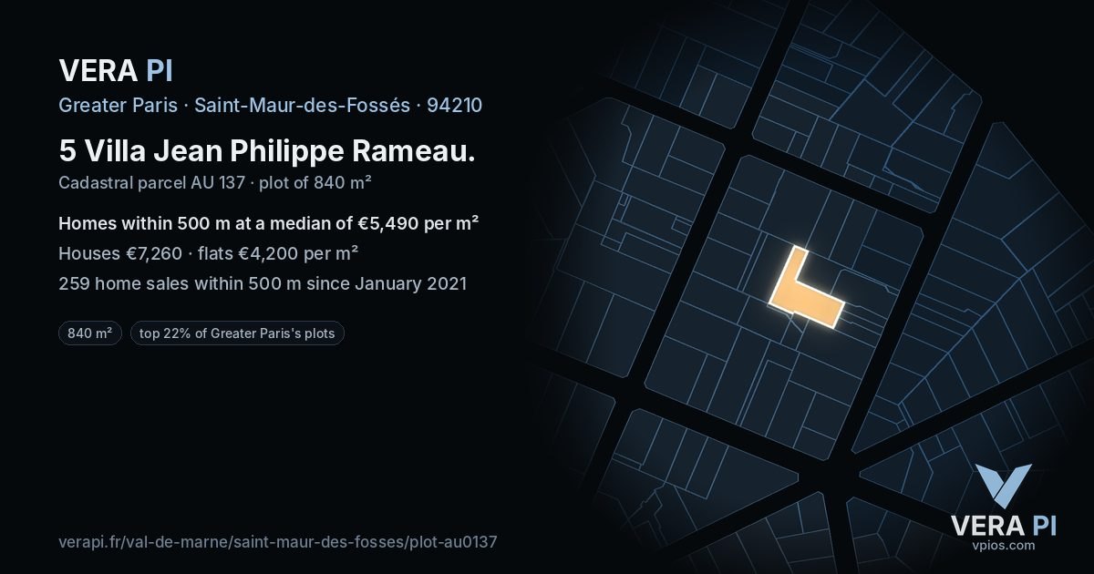 5 Villa Jean Philippe Rameau, Saint-Maur-des-Fossés at night – the plot lit, the parcels around coloured by the prices near them