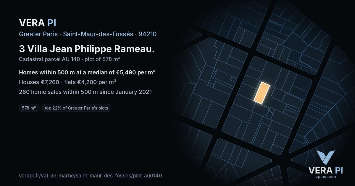 3 Villa Jean Philippe Rameau, Saint-Maur-des-Fossés at night – the plot lit, the parcels around coloured by the prices near them
