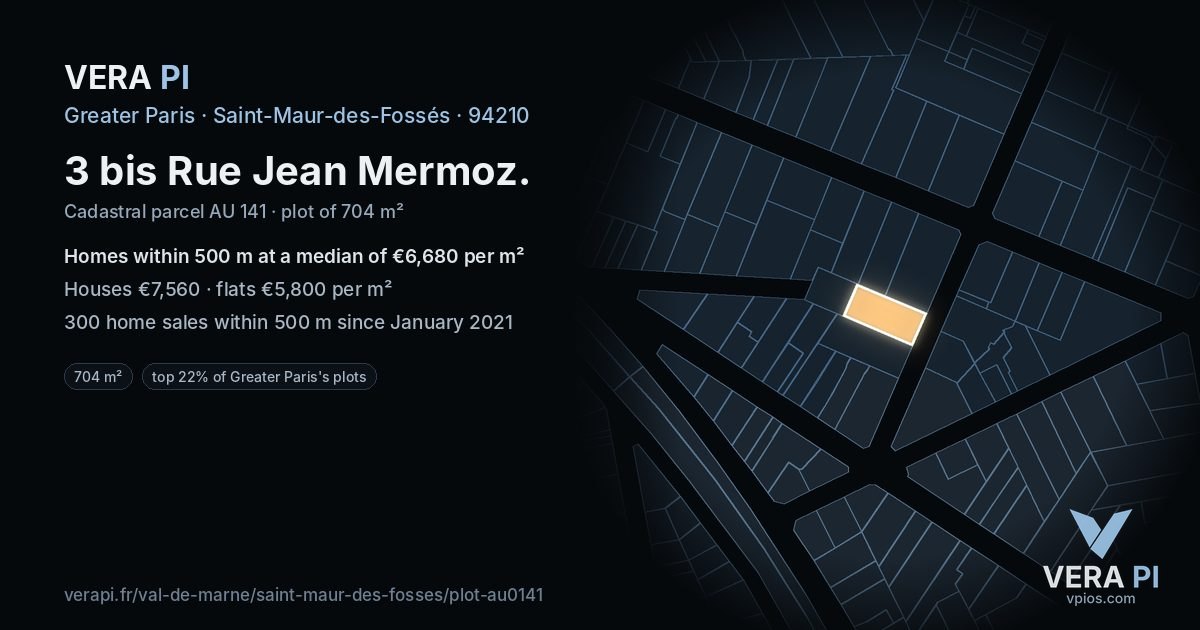 3 bis Rue Jean Mermoz, Saint-Maur-des-Fossés at night – the plot lit, the parcels around coloured by the prices near them