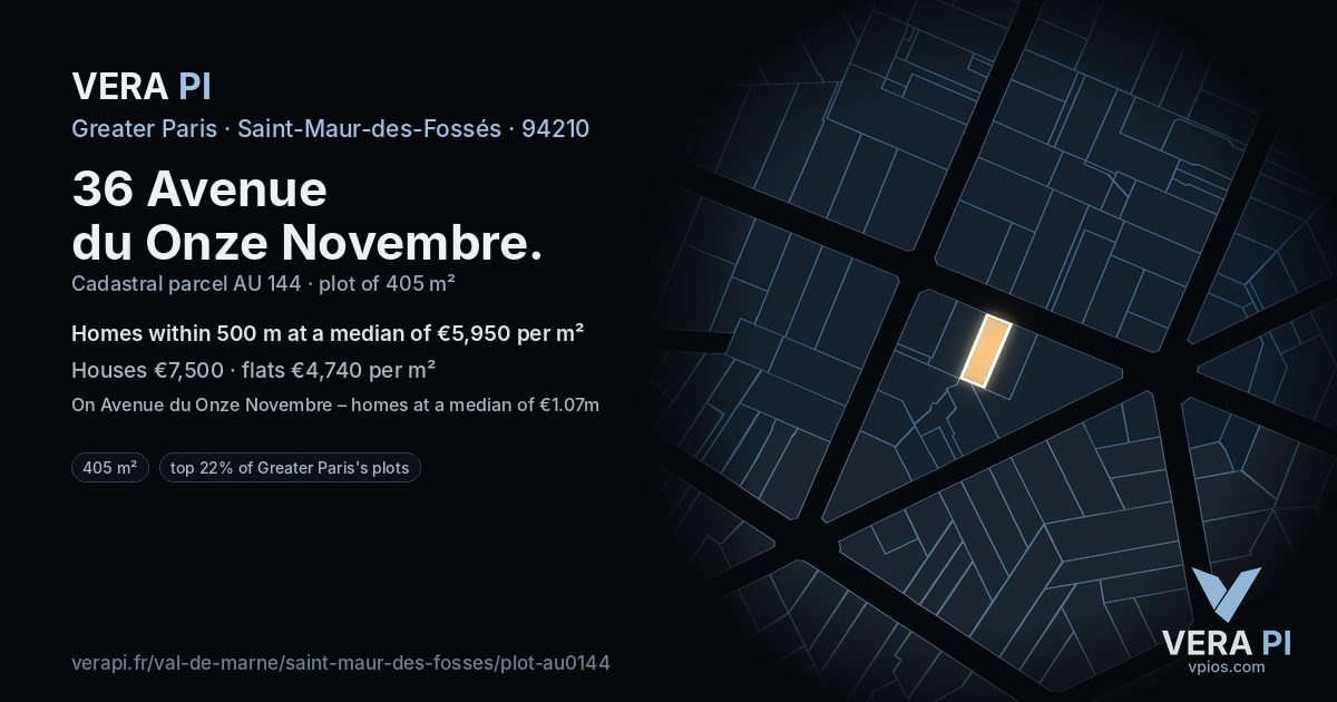 36 Avenue du Onze Novembre, Saint-Maur-des-Fossés at night – the plot lit, the parcels around coloured by the prices near them