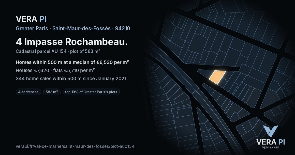 4 Impasse Rochambeau, Saint-Maur-des-Fossés at night – the plot lit, the parcels around coloured by the prices near them
