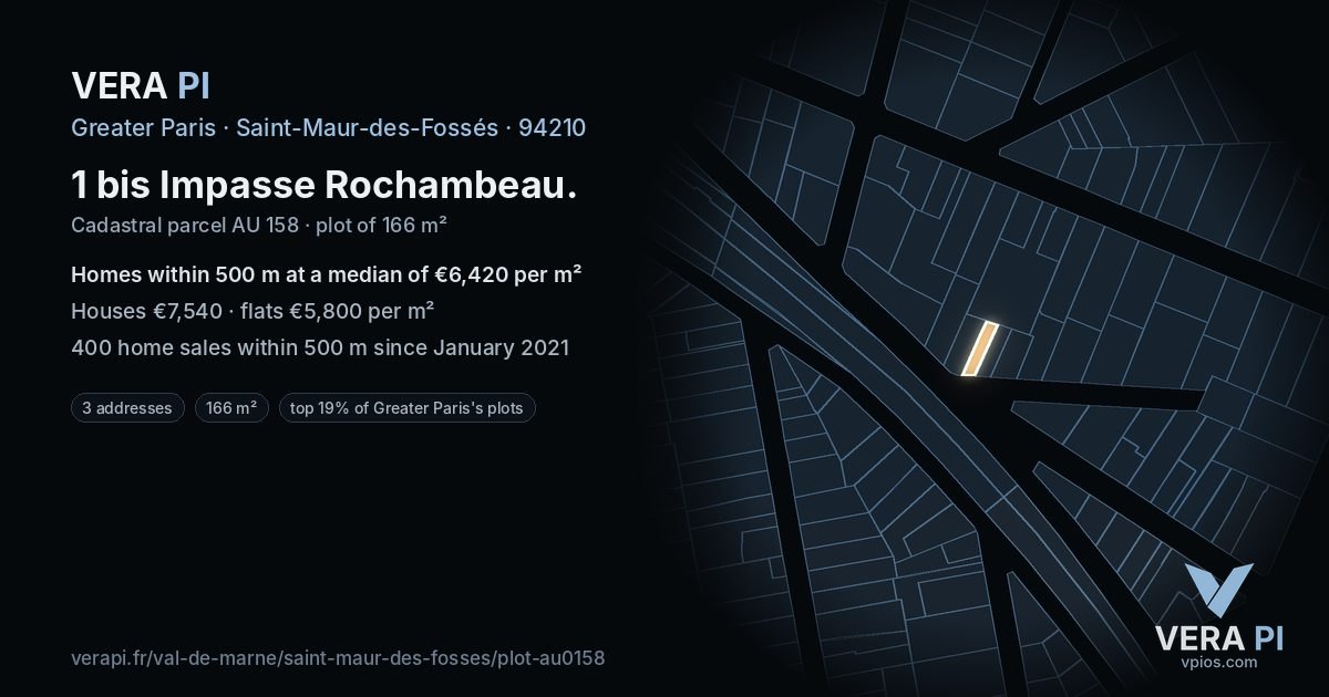1 bis Impasse Rochambeau, Saint-Maur-des-Fossés at night – the plot lit, the parcels around coloured by the prices near them