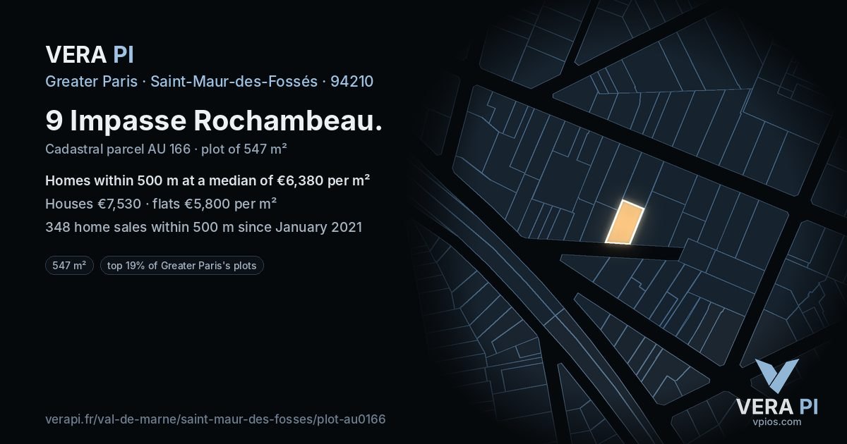 9 Impasse Rochambeau, Saint-Maur-des-Fossés at night – the plot lit, the parcels around coloured by the prices near them