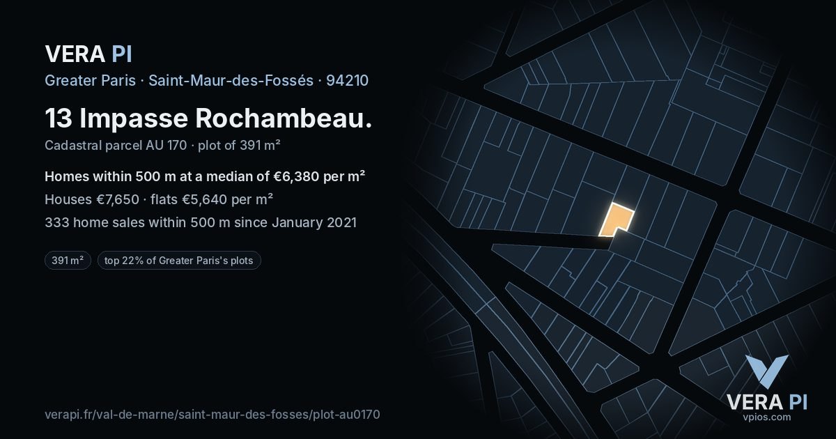 13 Impasse Rochambeau, Saint-Maur-des-Fossés at night – the plot lit, the parcels around coloured by the prices near them
