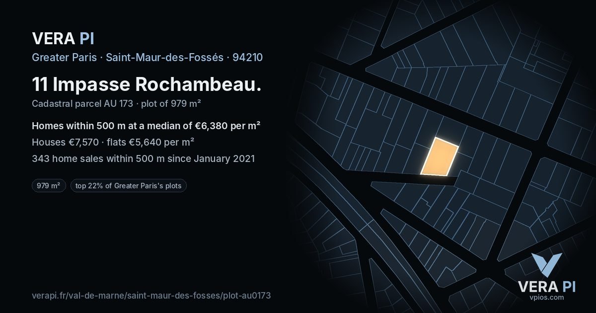 11 Impasse Rochambeau, Saint-Maur-des-Fossés at night – the plot lit, the parcels around coloured by the prices near them