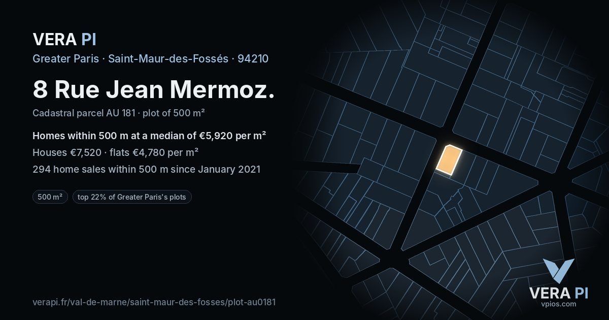 8 Rue Jean Mermoz, Saint-Maur-des-Fossés at night – the plot lit, the parcels around coloured by the prices near them