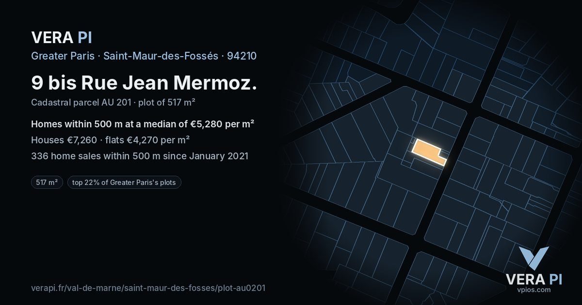 9 bis Rue Jean Mermoz, Saint-Maur-des-Fossés at night – the plot lit, the parcels around coloured by the prices near them