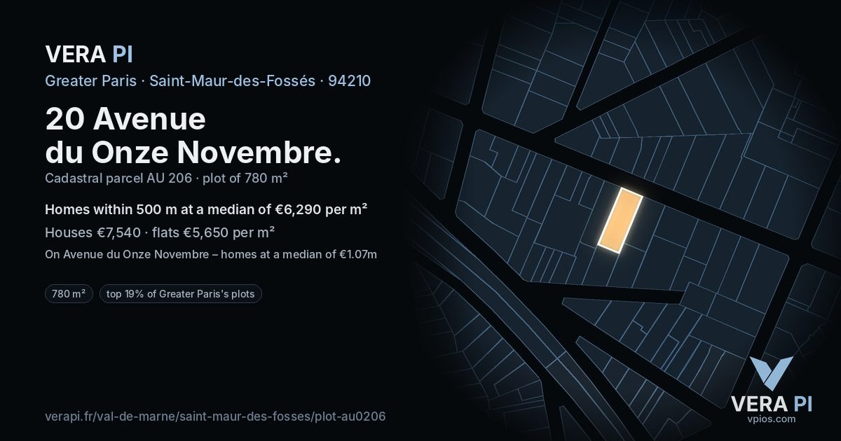 20 Avenue du Onze Novembre, Saint-Maur-des-Fossés at night – the plot lit, the parcels around coloured by the prices near them