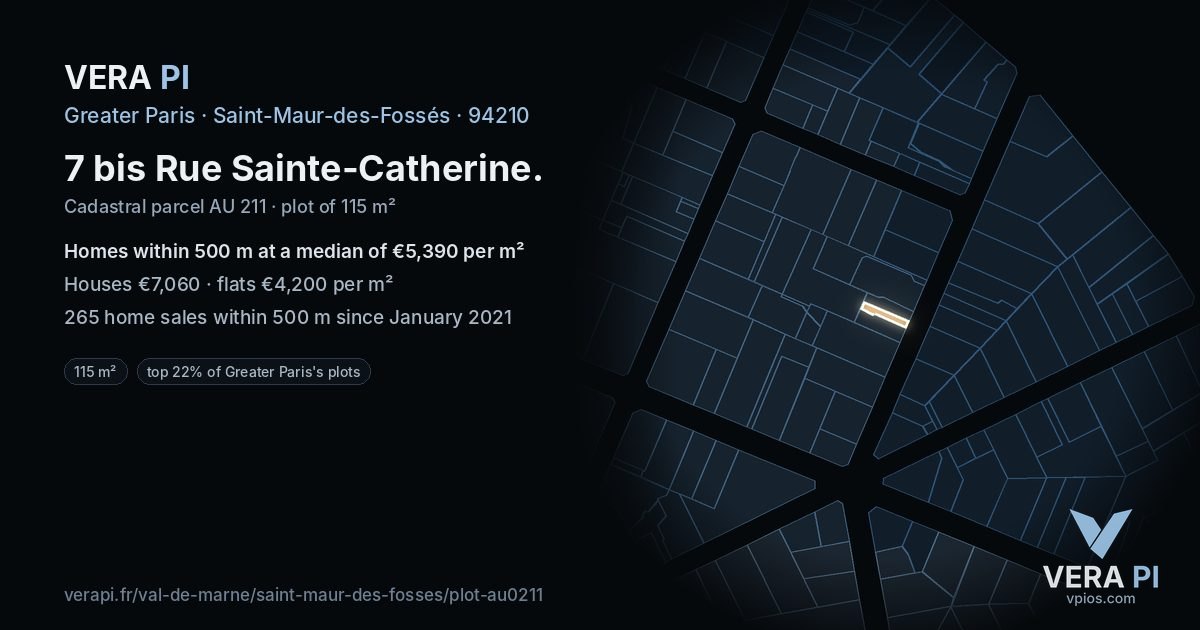 7 bis Rue Sainte-Catherine, Saint-Maur-des-Fossés at night – the plot lit, the parcels around coloured by the prices near them