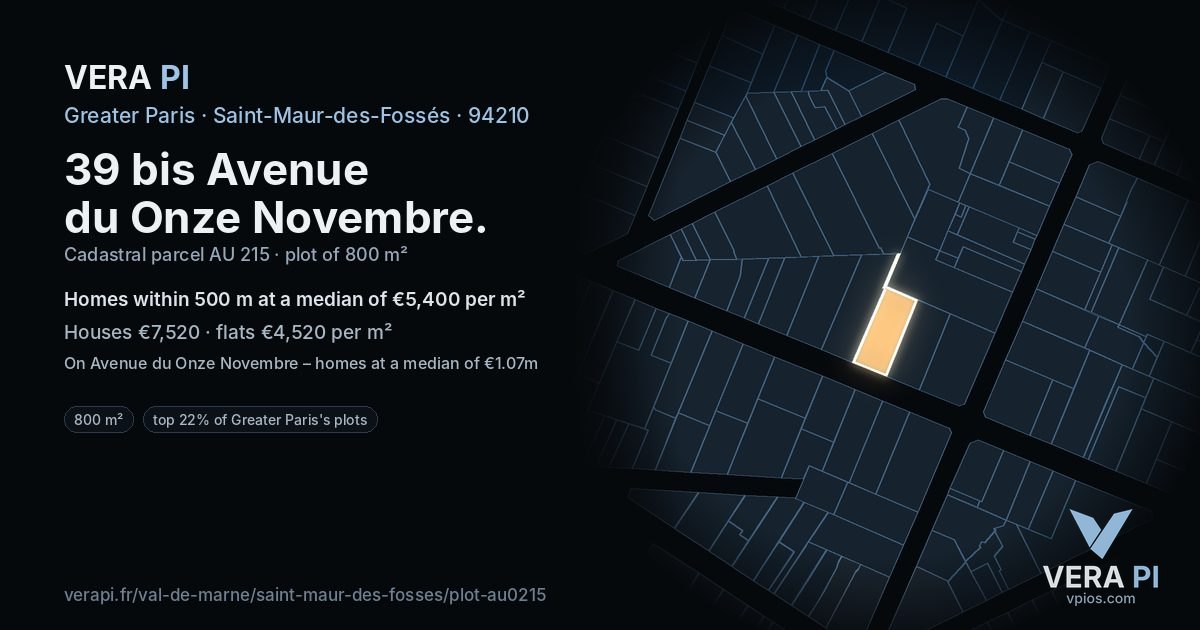 39 bis Avenue du Onze Novembre, Saint-Maur-des-Fossés at night – the plot lit, the parcels around coloured by the prices near them