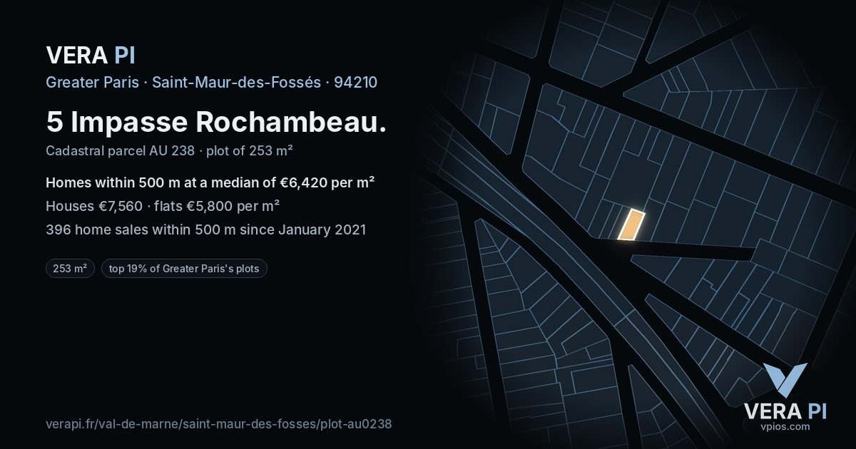5 Impasse Rochambeau, Saint-Maur-des-Fossés at night – the plot lit, the parcels around coloured by the prices near them