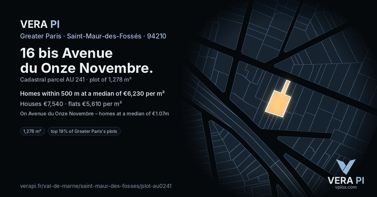 16 bis Avenue du Onze Novembre, Saint-Maur-des-Fossés at night – the plot lit, the parcels around coloured by the prices near them
