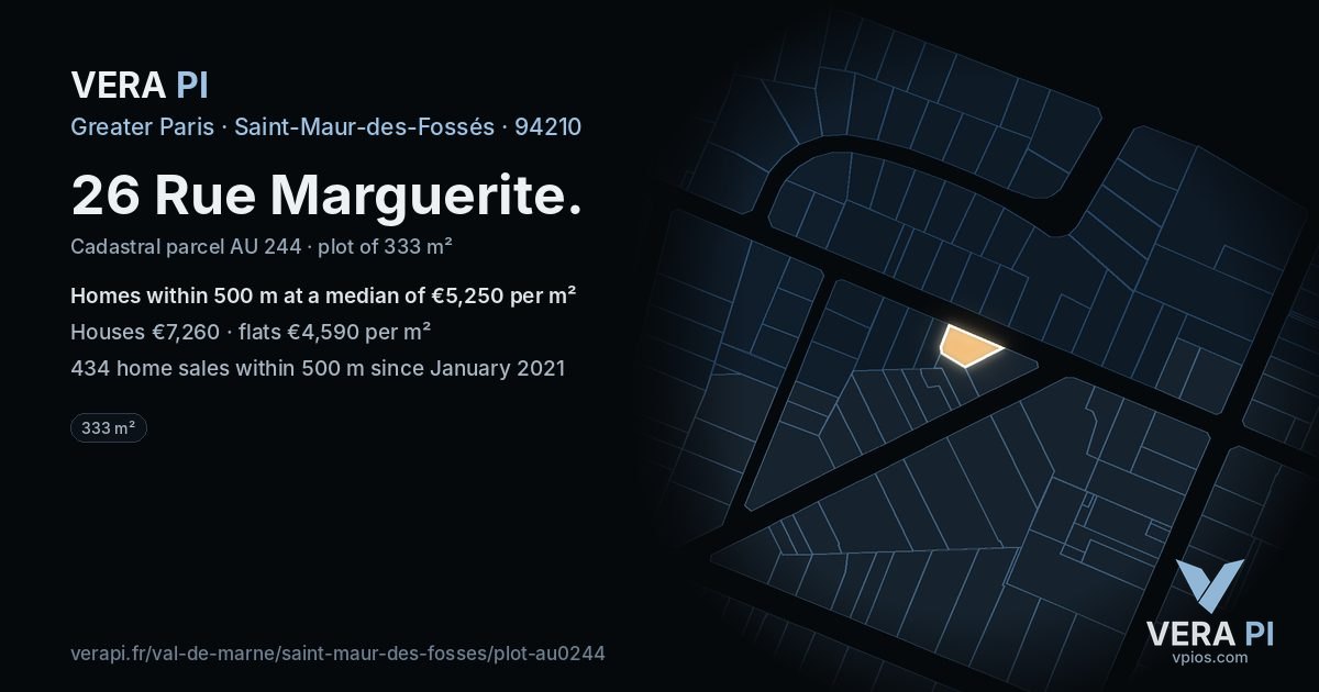 26 Rue Marguerite, Saint-Maur-des-Fossés at night – the plot lit, the parcels around coloured by the prices near them
