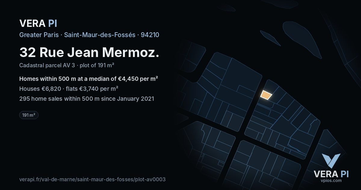 32 Rue Jean Mermoz, Saint-Maur-des-Fossés at night – the plot lit, the parcels around coloured by the prices near them