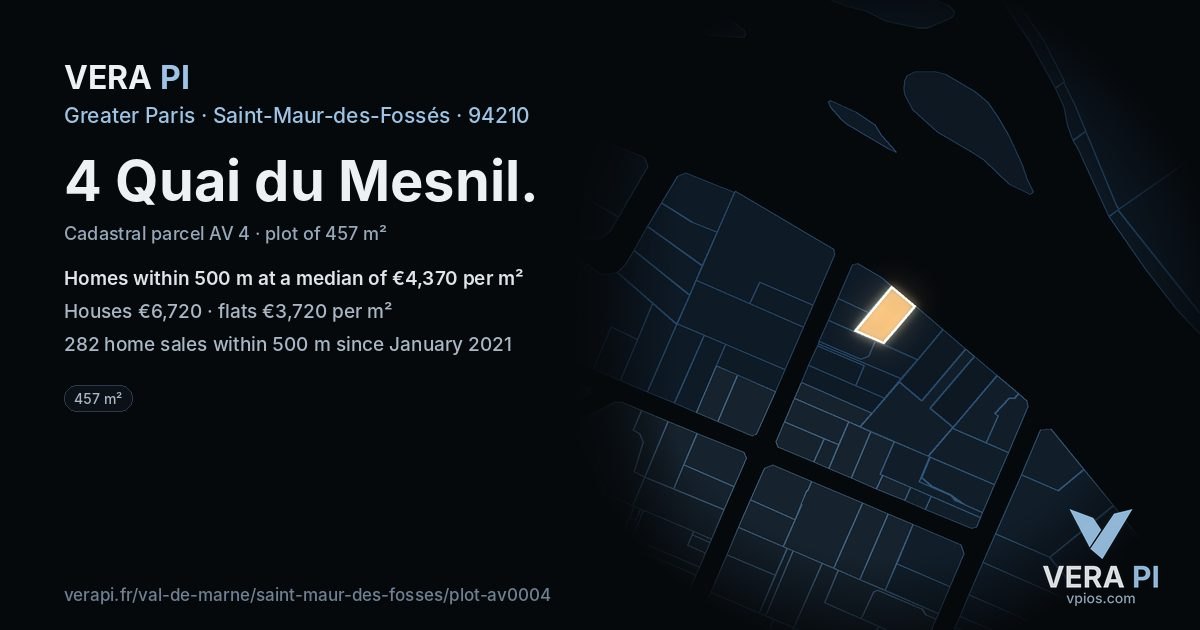 4 Quai du Mesnil, Saint-Maur-des-Fossés at night – the plot lit, the parcels around coloured by the prices near them