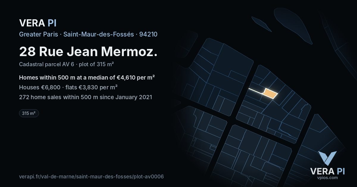 28 Rue Jean Mermoz, Saint-Maur-des-Fossés at night – the plot lit, the parcels around coloured by the prices near them