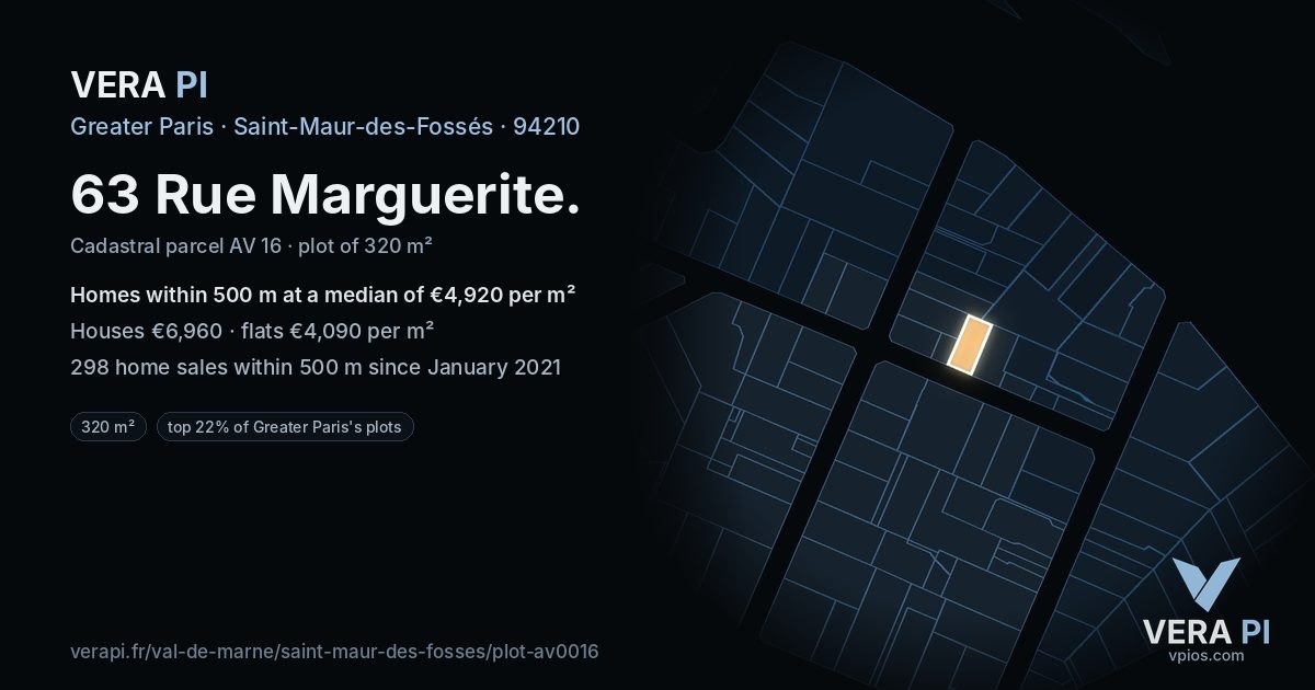 63 Rue Marguerite, Saint-Maur-des-Fossés at night – the plot lit, the parcels around coloured by the prices near them