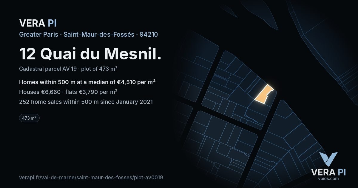 12 Quai du Mesnil, Saint-Maur-des-Fossés at night – the plot lit, the parcels around coloured by the prices near them
