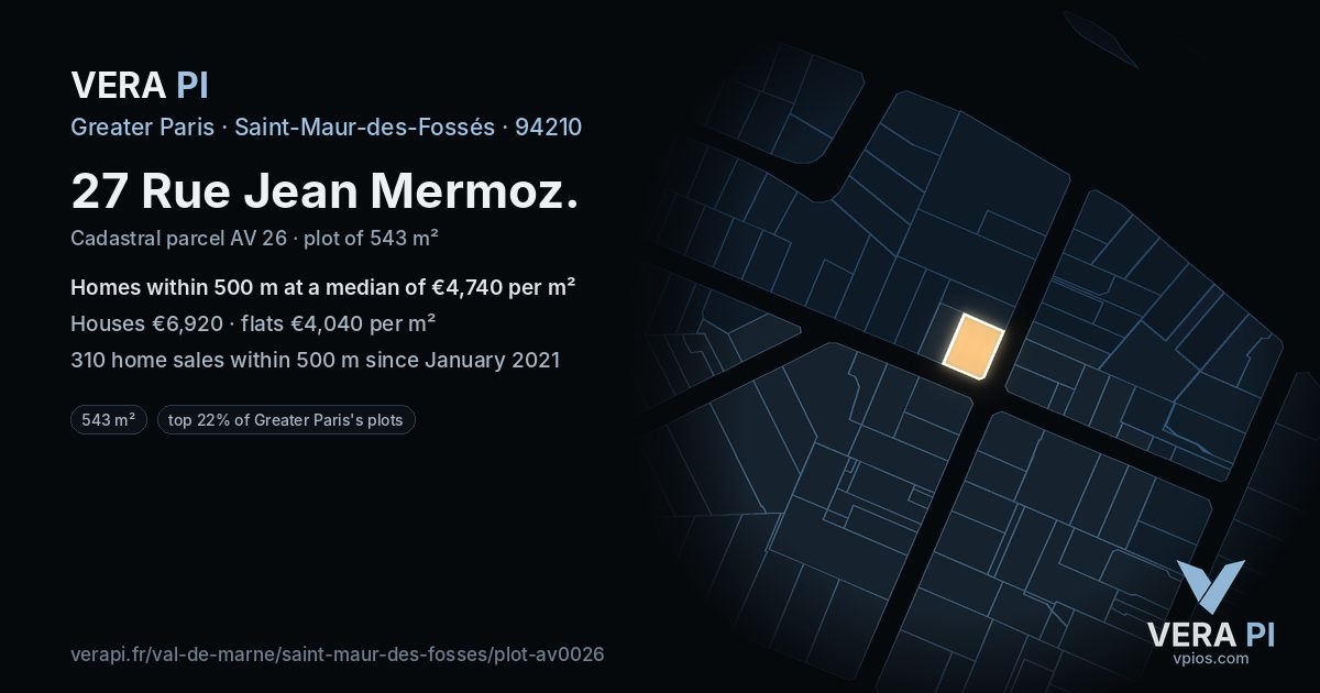 27 Rue Jean Mermoz, Saint-Maur-des-Fossés at night – the plot lit, the parcels around coloured by the prices near them
