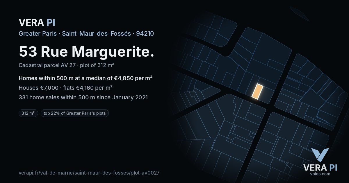 53 Rue Marguerite, Saint-Maur-des-Fossés at night – the plot lit, the parcels around coloured by the prices near them