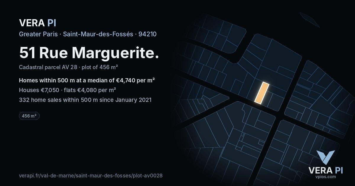 51 Rue Marguerite, Saint-Maur-des-Fossés at night – the plot lit, the parcels around coloured by the prices near them