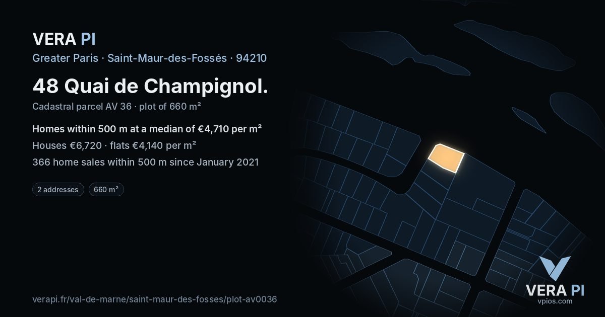 48 Quai de Champignol, Saint-Maur-des-Fossés at night – the plot lit, the parcels around coloured by the prices near them