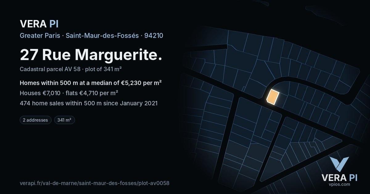 27 Rue Marguerite, Saint-Maur-des-Fossés at night – the plot lit, the parcels around coloured by the prices near them