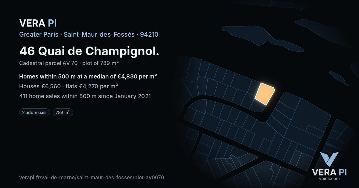 46 Quai de Champignol, Saint-Maur-des-Fossés at night – the plot lit, the parcels around coloured by the prices near them