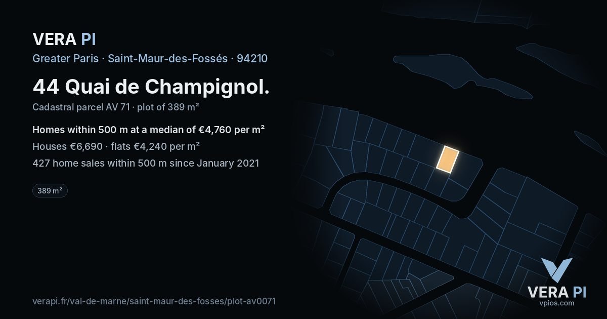 44 Quai de Champignol, Saint-Maur-des-Fossés at night – the plot lit, the parcels around coloured by the prices near them
