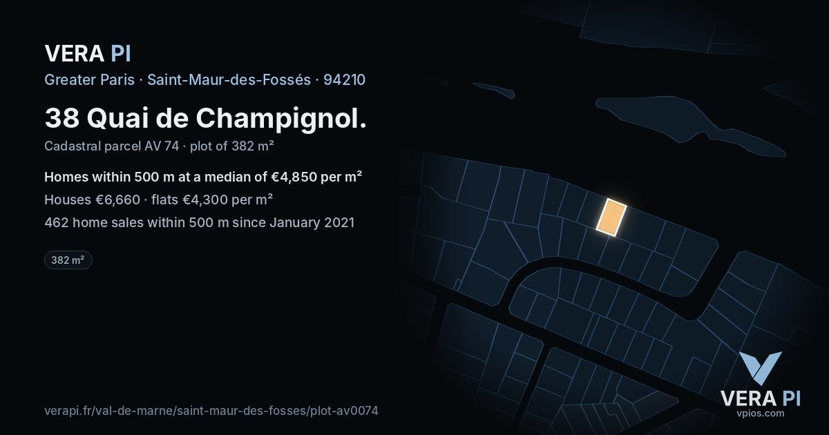 38 Quai de Champignol, Saint-Maur-des-Fossés at night – the plot lit, the parcels around coloured by the prices near them