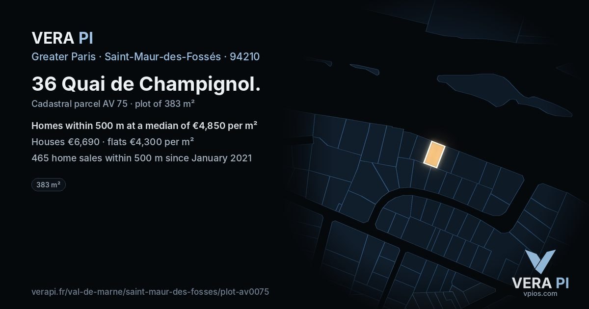 36 Quai de Champignol, Saint-Maur-des-Fossés at night – the plot lit, the parcels around coloured by the prices near them