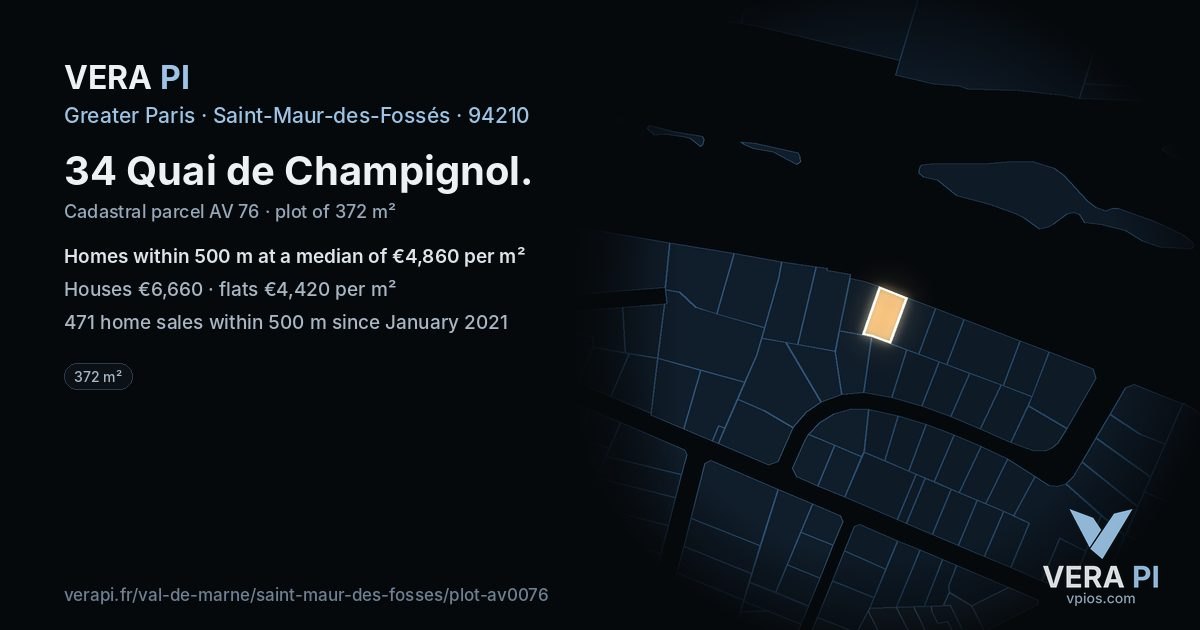 34 Quai de Champignol, Saint-Maur-des-Fossés at night – the plot lit, the parcels around coloured by the prices near them
