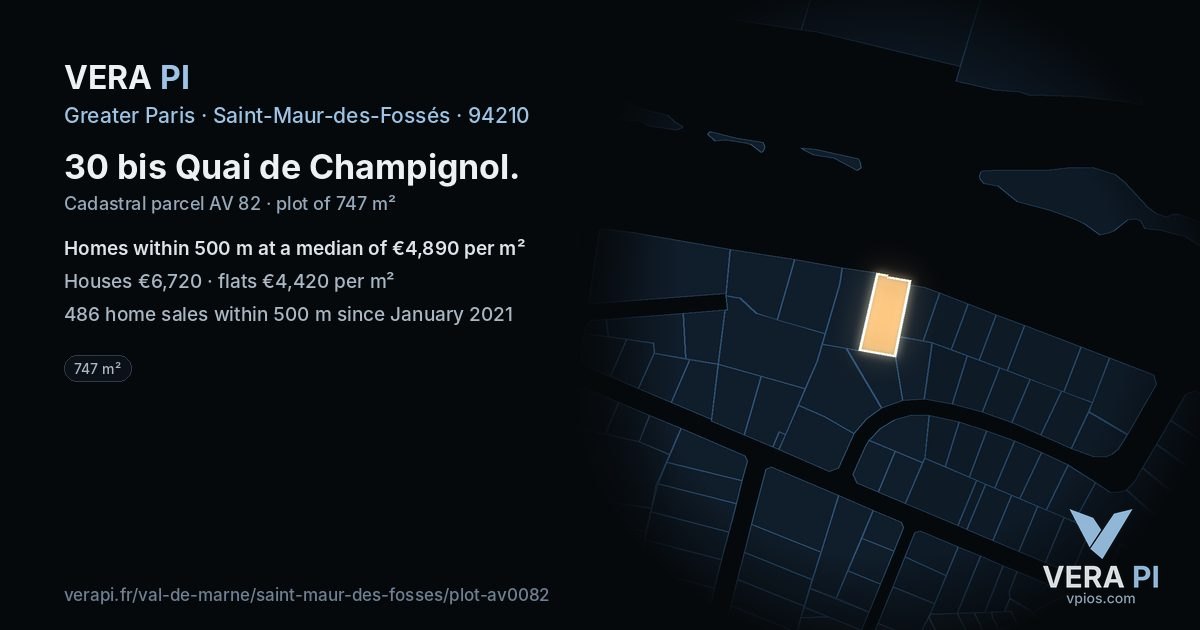 30 bis Quai de Champignol, Saint-Maur-des-Fossés at night – the plot lit, the parcels around coloured by the prices near them