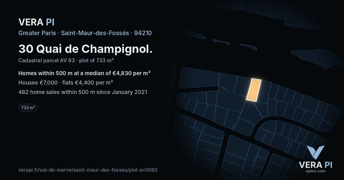 30 Quai de Champignol, Saint-Maur-des-Fossés at night – the plot lit, the parcels around coloured by the prices near them