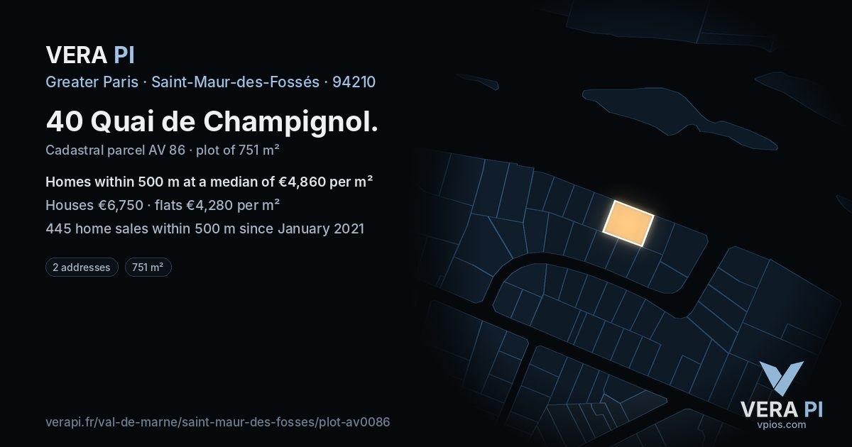 40 Quai de Champignol, Saint-Maur-des-Fossés at night – the plot lit, the parcels around coloured by the prices near them
