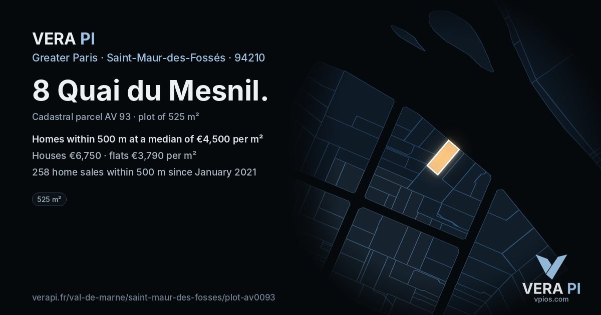 8 Quai du Mesnil, Saint-Maur-des-Fossés at night – the plot lit, the parcels around coloured by the prices near them