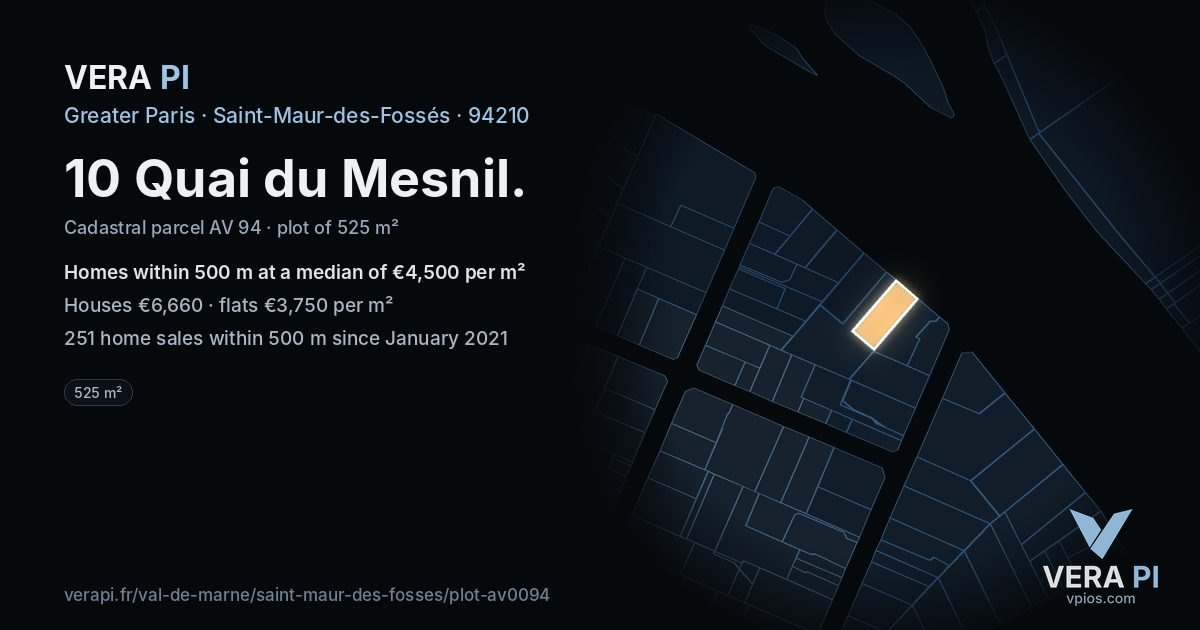 10 Quai du Mesnil, Saint-Maur-des-Fossés at night – the plot lit, the parcels around coloured by the prices near them