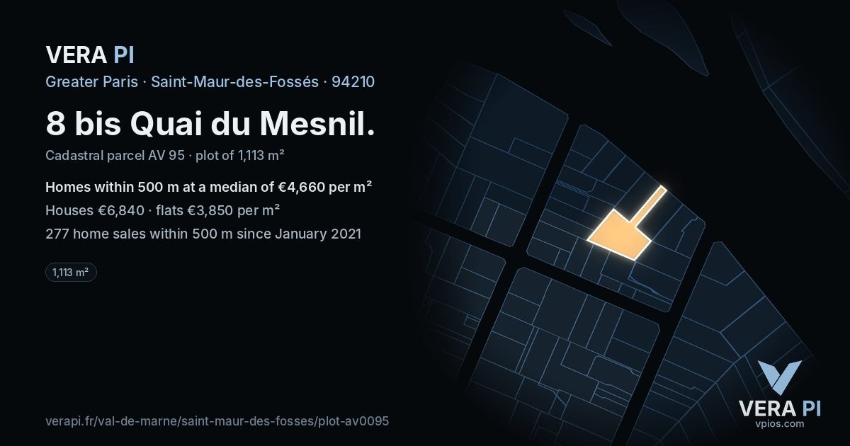 8 bis Quai du Mesnil, Saint-Maur-des-Fossés at night – the plot lit, the parcels around coloured by the prices near them