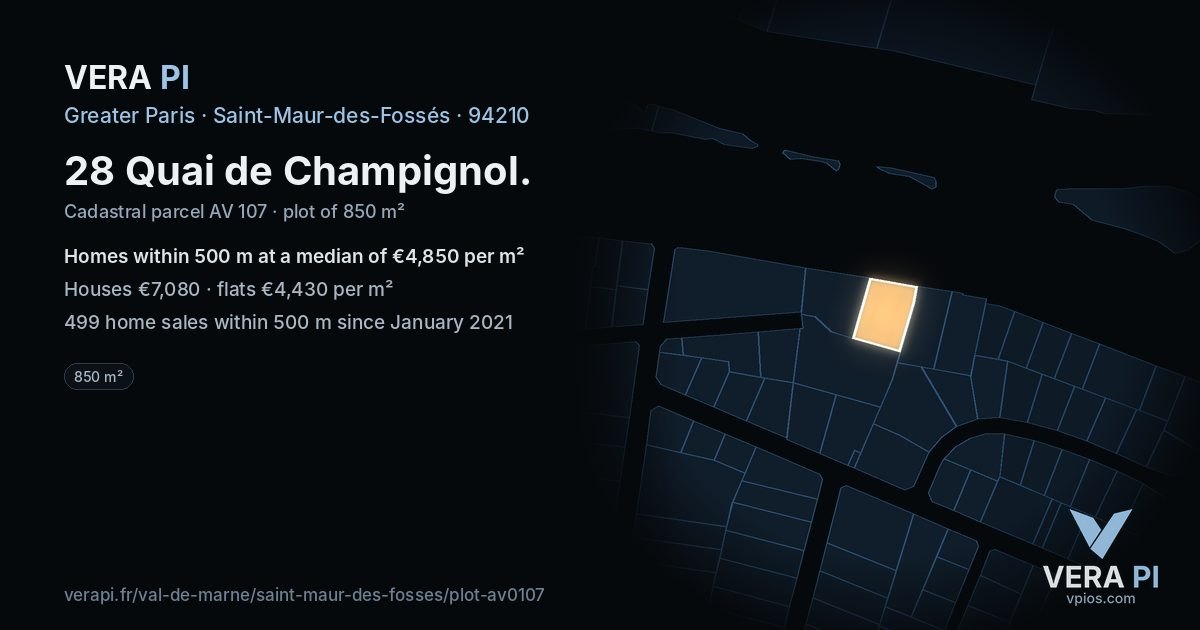 28 Quai de Champignol, Saint-Maur-des-Fossés at night – the plot lit, the parcels around coloured by the prices near them