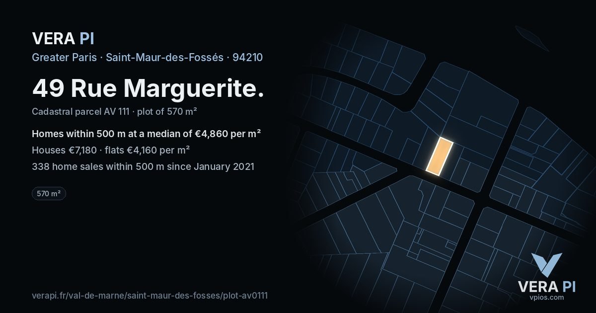 49 Rue Marguerite, Saint-Maur-des-Fossés at night – the plot lit, the parcels around coloured by the prices near them