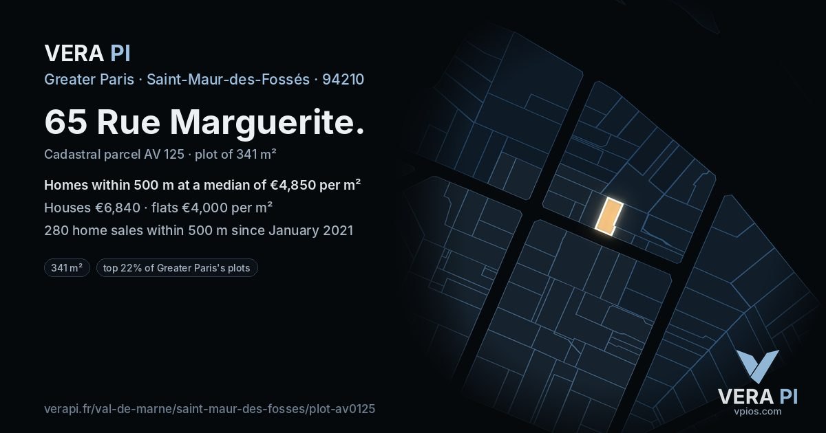 65 Rue Marguerite, Saint-Maur-des-Fossés at night – the plot lit, the parcels around coloured by the prices near them