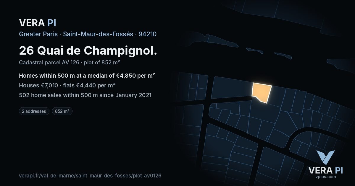 26 Quai de Champignol, Saint-Maur-des-Fossés at night – the plot lit, the parcels around coloured by the prices near them